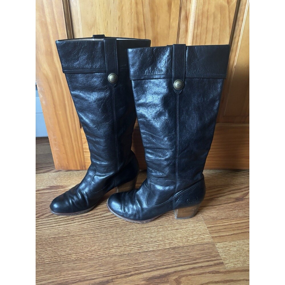 Coach Fayth Knee High Black Leather Riding Block High Heeled Boots 9